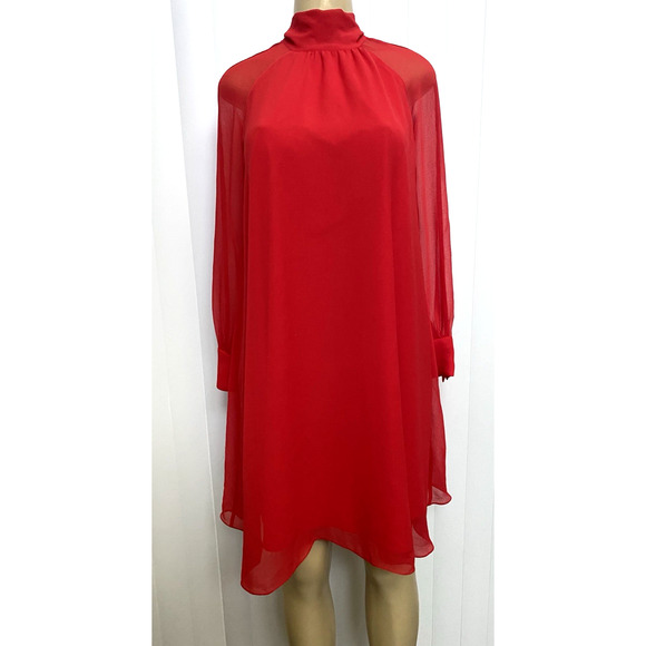 KENZO Red Flare A line Mini Dress Tunic Long Sleeve Neck Tie Crepe 34 XS - Picture 5 of 11